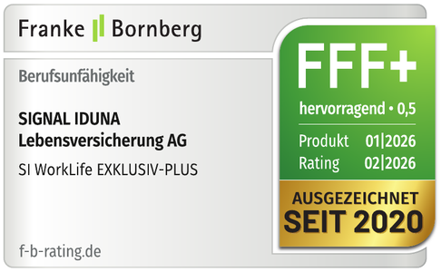 Testsiegel Franke und Bornberg, Rating 02/2026: FFF+ hervorragend, Berufsunfähigkeit, SI WorkLife EXKLUSIV-PLUS
