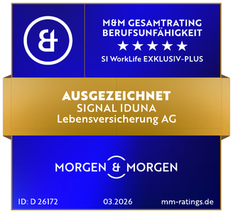 Testsiegel Morgen & Morgen, Gesamtrating 03/2026: 5 Sterne, Berufsunfähigkeit, SI WorkLife EXKLUSIV-PLUS