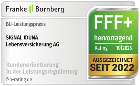 Testsiegel Franke und Bornberg, Rating 10/2025: FFF+ hervorragend, BU-Leistungspraxis, SIGNAL IDUNA Lebensversicherung AG